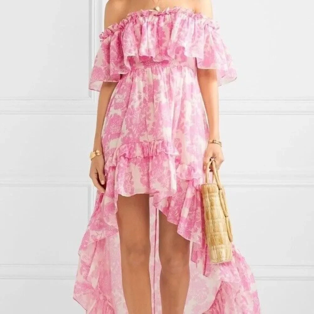LoveShackFancy Alexia Floral Print High-Low Ruffle Dress in Pink Gem Size Large - Picture 2 of 10